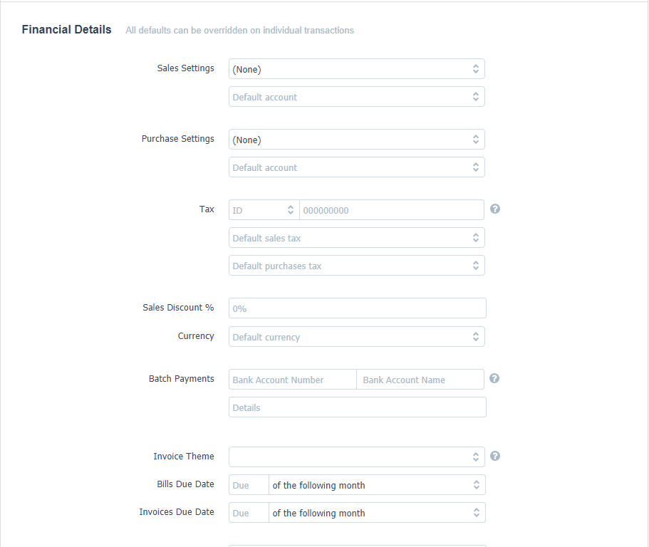 Typical Vendor setup screen